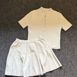 Zara Cream Ribbed Zip-Neck Top and Pleated Skirt Matching Set